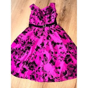 Jona Michelle Girls Pink Black Floral Flocked Party‎ Dress Rhinestone Buckle 6